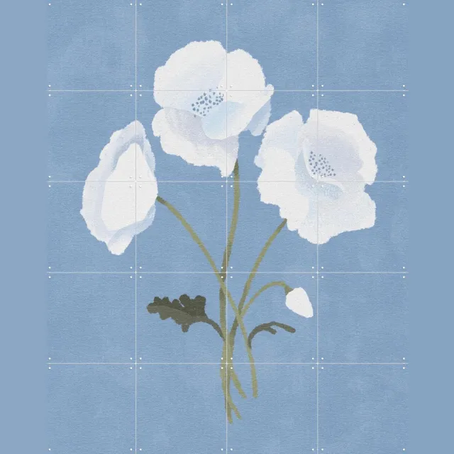 IXXI White Flowers, Goed Blauw - 80 x 100 cm - Grote wanddecoratie en posters - Illustraties, Minimalisme, Woonkamer, Slaapkamer, Botanisch, Bloemen Koele tinten / Wit