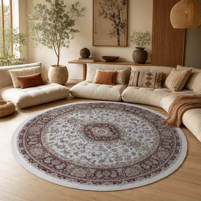 Muratap Star Rond Klassiek Oosters Vloerkleed Wasbaar Creme Rood, foto 2