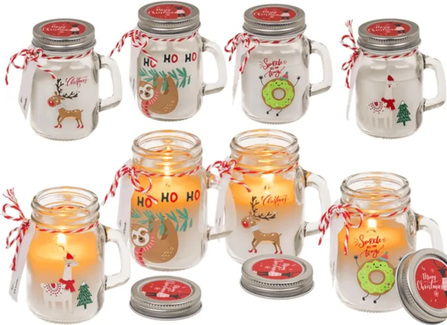 Without lemon Set van 4 - Kerst Kaars in Glazen Pot met Handvat - Mason Jar met Kerstprint - Warme en gezellige kerstsfeer - Kerstcadeau Idee