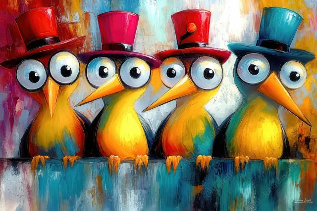 John Joseb Art (Glas) 60x40 | Gekke grappige vogels met hoed en bolle ogen op tak, artistiek, abstract, humor, kleurrijk, kunst, dier, vogel, portret, rood, geel, groen, blauw, modern | Foto-schilderij-glasschilderij-acrylglas-acrylaat-wanddecoratie Acrylglas, dikte 5 mm