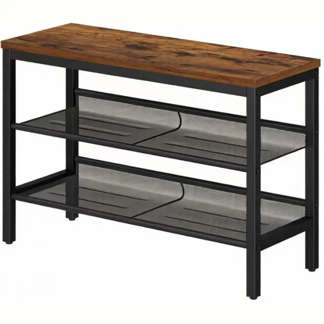 FANGDE Schoenenrek Drielaagse Opbergkast 28×75×50 cm Bruin+Zwart met Schoenenbank Industriële Stijl Stevig en Duurzaam Metalen Frame Eenvoudig te Monteren en te Reinigen Geschikt voor Hal Woonkamer en Slaapkamer