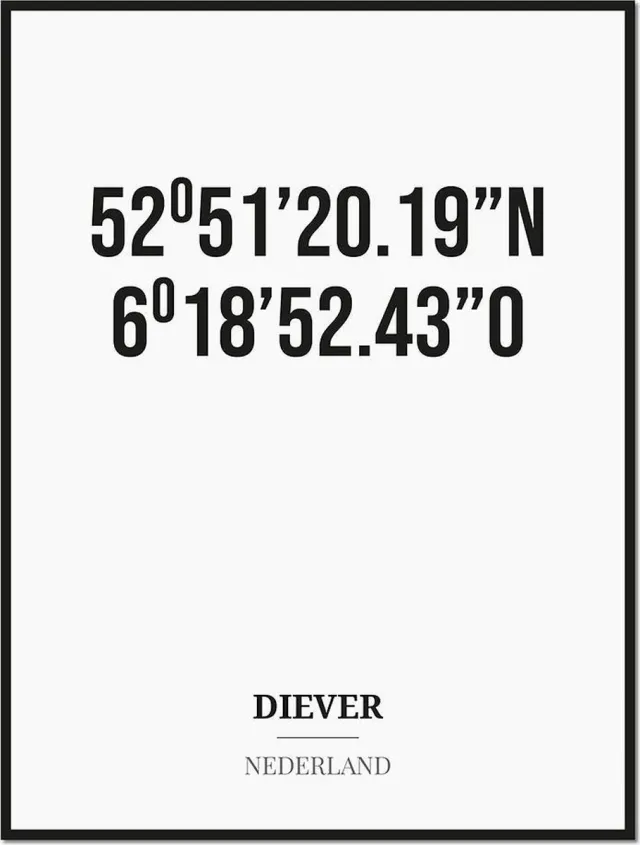 Studio216 Poster/kaart DIEVER met coördinaten zwart, wit