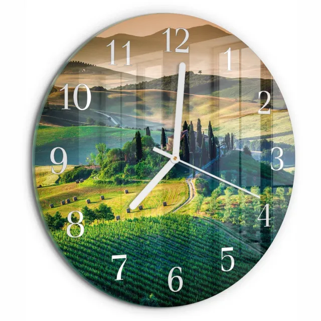 TULUP Wandklok - Landschap Wandklok Glas Decoratie - 30fi cm - Groente Gekleurde Glazen Klok - Witte Handen - Ronde Wandklok - Glazen Wandklok Design - Klok Glas Met Opdruk Groente - Landschap