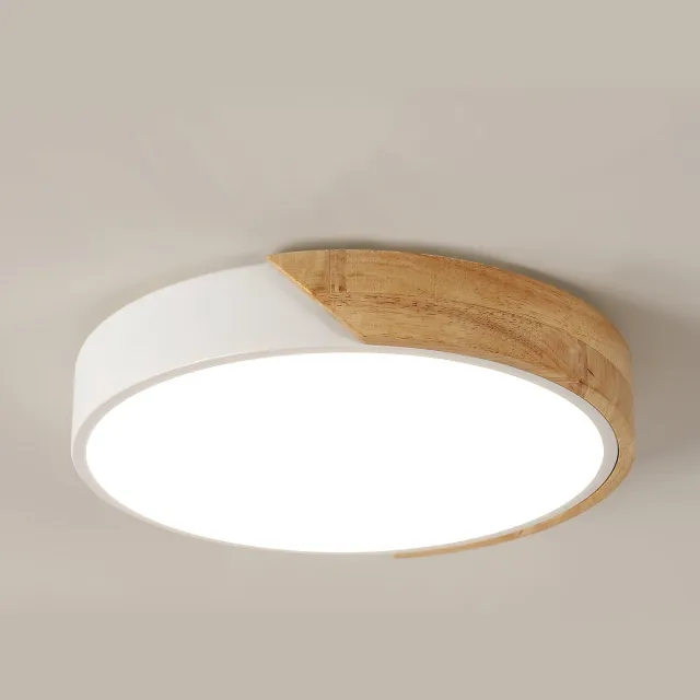Riserva Ronde LED Plafondlamp 32cm, 30W 4500K Neutraal Wit, Modern Minimalistische Plafondverlichting Wit‑Houtkleurig van IJzer, Hout en Kunststof, voor Woonkamer, Slaapkamer, Eetkamer