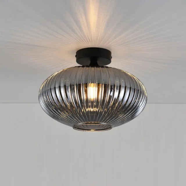 LUSENZ Plafondlamp Ovale vetro fumé - Bol van geribbeld rookglas en zwarte drager van metaal - Zonder lichtbron