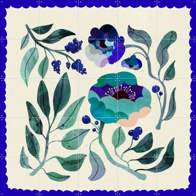 IXXI Royal Blue Flower, Lena Addink - 100 x 100 cm - Grote wanddecoratie en posters - Illustraties, Speels, Gang, Slaapkamer, Woonkamer, Bloemen Blauw