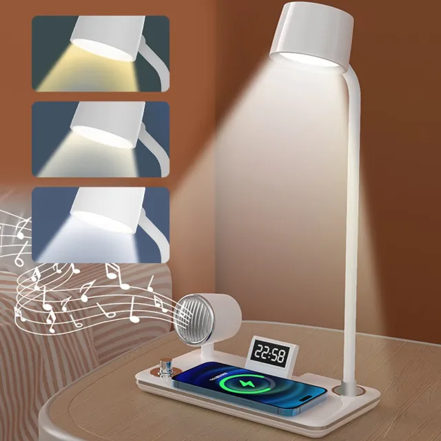 ibettertec LED-nachttafellamp - LED-bureaulamp met draadloze lader & Bluetooth-luidspreker - 3 kleuren dimbare touchbediening - LED-bureaulamp met alarmfunctie - Bluetooth speaker tafellamp - geschikt voor slaapkamer, woonkamer, werkkamer, etc. Wit