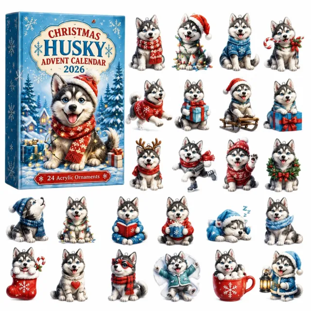 SWGOTA Husky-adventskalender met 24 platte hangdecoraties, kerstfiguren in papieren doos Blauw