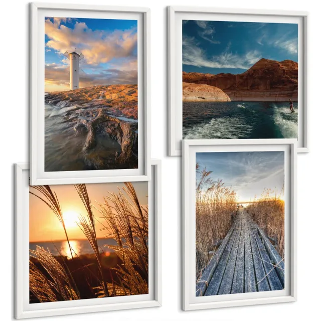 Coloray 4-Delige Schilderij Set - Uitzicht Op De Vuurtoren Over De Zee, Het Gras En Een Houten Pier. - 40 x 40 En 40 x 60 - Wanddecoratie - Moderne Interieurdecoratie - Muurdecoratie Witte lijst