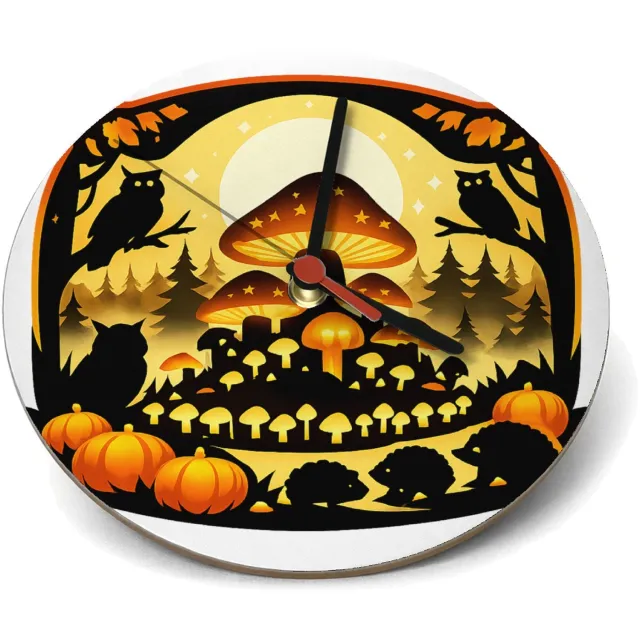 Mr Cadeautjes Klok rond Ø 19 - design Herfstbos met een grote gloeiende paddenstoelheuvel en klein | cadeau Wit