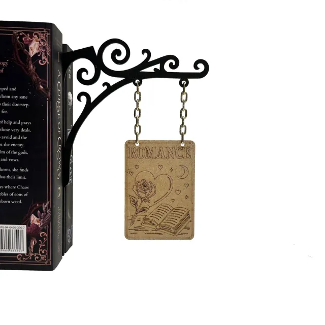 MyBookishNook Boekenbordje Romance – Decoratief houten boekenbordje voor boekenkast – 3mm dun – Dubbelzijdig gegraveerd – Cadeau voor boekenliefhebbers romance - zwart/bruin/goud