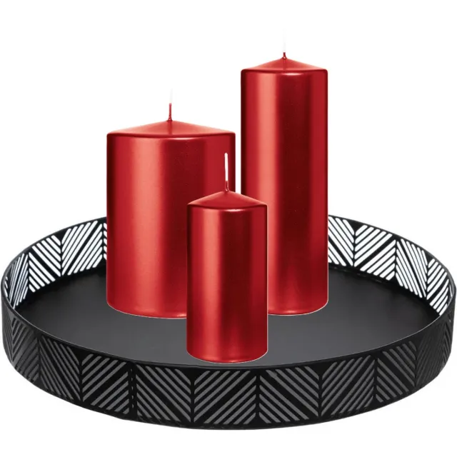 Wiedemann Cilinderkaarsen - stompkaarsen set - op zwart dienblad van metaal - 3x stuks - rood - 6 x 12 - 10x15 - 7x20 cm Donkerrood