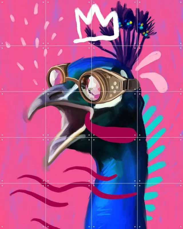 IXXI Peacock at Burningman, Pop-art by Tadej - 80 x 100 cm - Grote wanddecoratie en posters - Kleurrijk, Illustraties, Fantasierijk, Pop art, Digitale Roze