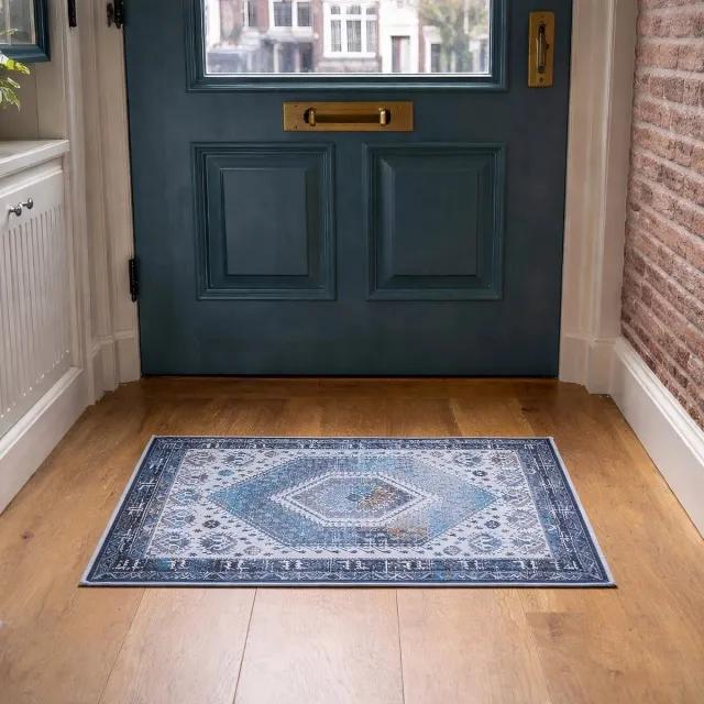 Lavandoux Deurmat - Vintage - Tan-Tan - Blauw en Crème - 50 x 80 cm Donkerblauw