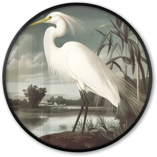 FrameYourWall Poster in lijst Rond - Fotolijst 60x60 cm - Posters - Reiger - Planten - Wolken - Wit - Ronde posterlijst zwart - Decoratie - Wanddecoratie woonkamer - Muurdecoratie slaapkamer