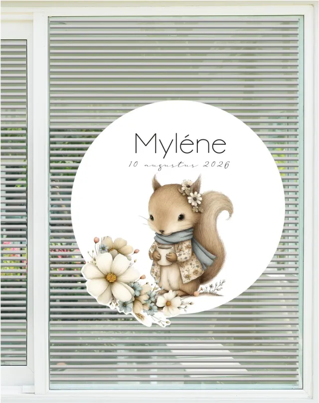 StudioJitske raamsticker 80cm raambord geboortebord eekhoorn met bloemen ter geboorte aankondiging bruin beige blauw oud roze