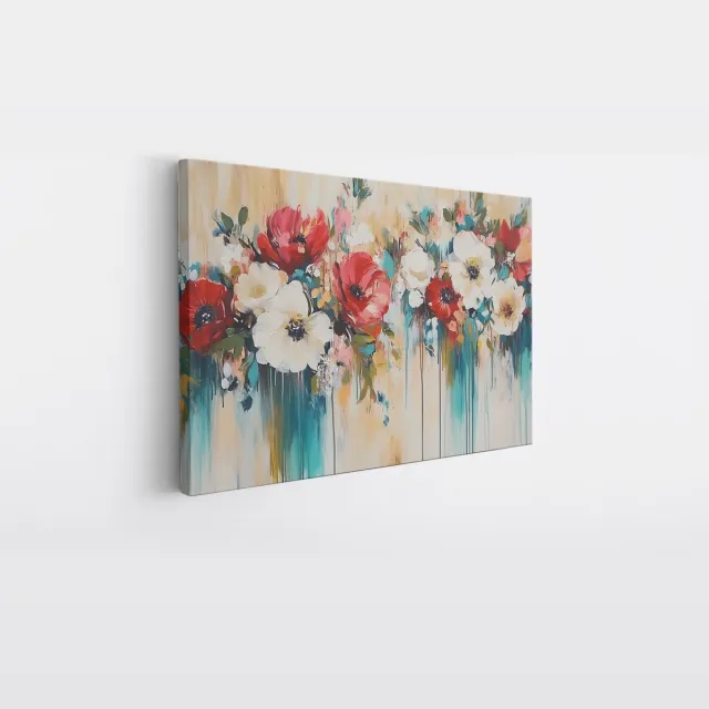 Saammp Canvas Schilderij - Bloemen met lekkend verf- Abstract kunstwerk - 150x100 - Foto op canvas - Wanddecoratie - Muurdecoratie Woonkamer - Slaapkamer decoratie - Canvas Print Multicolor