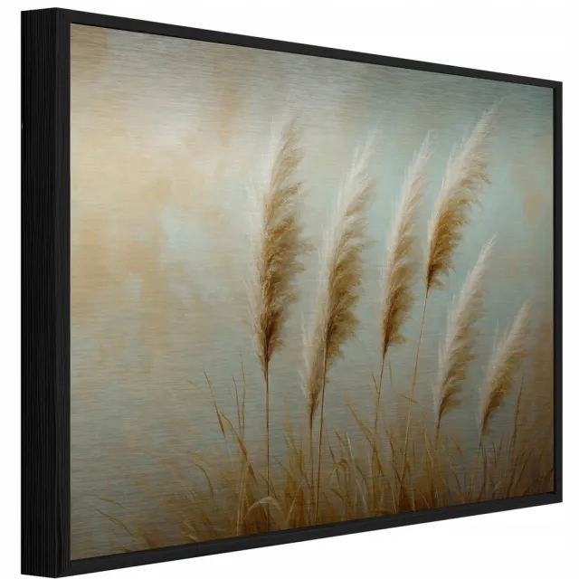 WALLARENA Schilderij op geborsteld aluminium met zwarte lijst 120x80 cm - pampasgras in bohostijl - wanddecoratie voor woonkamer en slaapkamer Beige