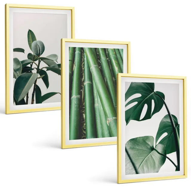 TULUP 4-Delige Schilderij Set - Bamboe stengels, kamerplanten en Monstera bladeren - 40 x 60 cm - Muurdecoratie - Wanddecoratie - Slaapkamer Gouden lijst
