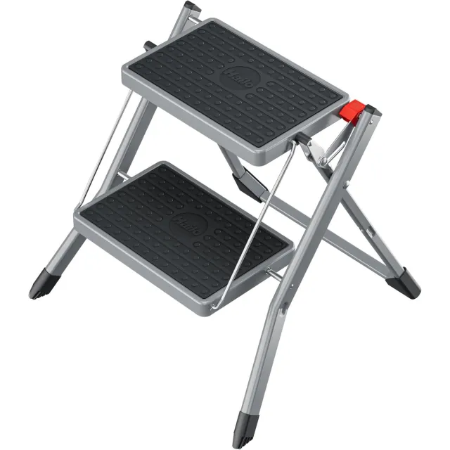 Hailo MK62 Standardline stalen trap met 2 extra brede stalen treden en antislipmatten, draagvermogen tot 150 kg, inklapbare veiligheidsvergrendeling met ontgrendelingsknop, trap met draagbeugel zwart
