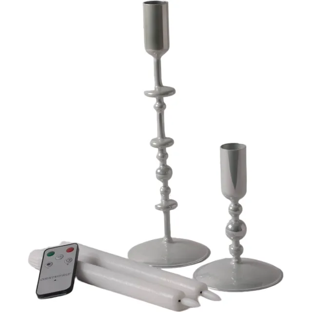 Winq !- Kandelaars glas s/2 - inclusief led kaarsen- Glas kandelaar Metallic Off White geschikt voor dinerkaars-woonkamer decoratie-cadeau