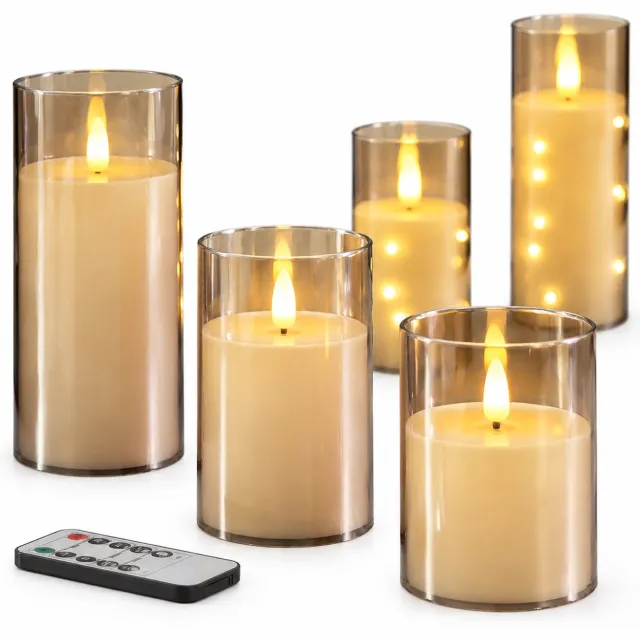 SWGOTA led kaarsen, set van 3, grijs, 7,8 x 10/12,5/15 cm, met vlamvormige top, op batterijen, zonder batterijen