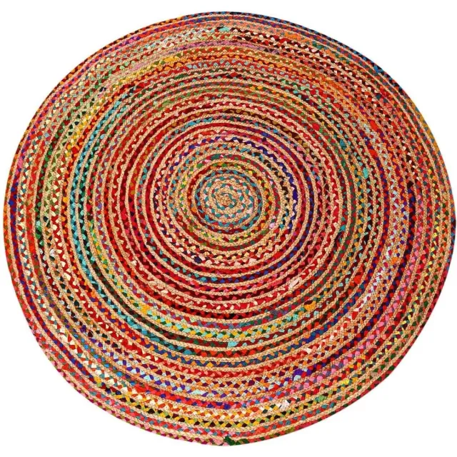 Casa Moro Jute vloerkleed kleurrijk Ø 120cm | Tapijt in boho-stijl van 100% natuurlijke vezel jute & katoen, handgevlochten Beige