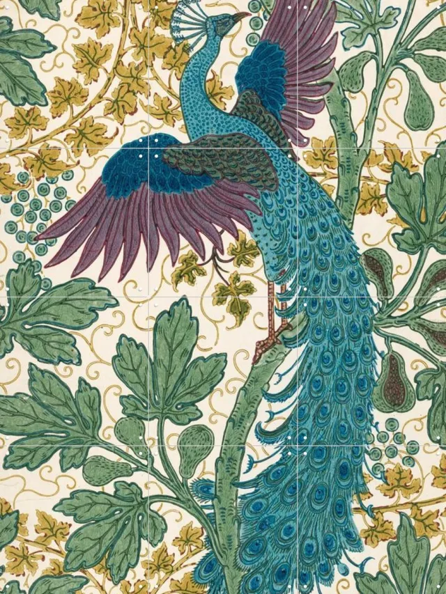 IXXI Fig and Peacock purple, Walter Crane & Victoria and Albert Museum - 60 x 80 cm - Grote wanddecoratie en posters - Vintage, Klassiek, Kleurrijk Blauw