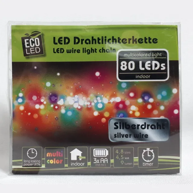 Eco-Led Led draad verlichting - 80 LEDS - 8 meter - Multi Color - Werkt op batterij - Voor binnen - Timer - Kerst verlichting - Licht Slinger - Voordeel Set 2 x