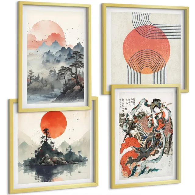 TULUP 4-Delige Schilderij Set - Aziatische schilderijen: landschappen en portretten in de Japandi-stijl. - 40 x 40 cm en 40 x 60 cm - Stijlvolle Wanddecoratie - Interieur - Moderne Wanddecoratie Gouden lijst