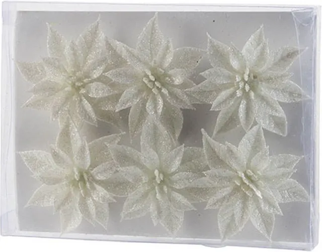 Cosy&Trendy Cosy & Trendy Bloemen op clip - 6x st - wit - glitter - 8 cm - kerstversiering - kerstbloemen