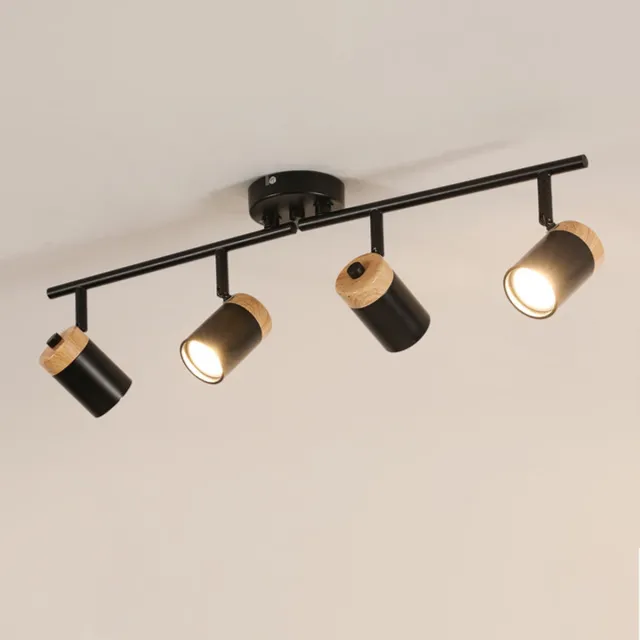 Riserva Plafondlamp modern minimalistisch cilindervormig zwart‑houtkleur, 4‑lichts GU10 fitting max 60W zonder lamp, verstelbaar 350°/180°, aluminium, voor woonkamer slaapkamer keuken