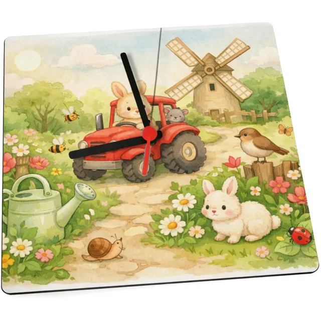 Mr Cadeautjes Klok 19 x 19 - design Een vrolijke tuinscène met een gieter, bijen, bloemen en kle | cadeau Wit