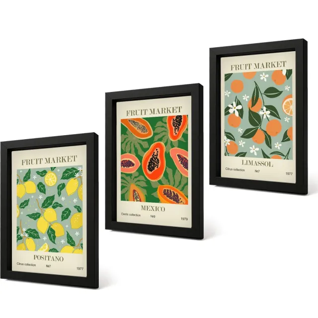 Coloray 4-Delige Schilderij Set - Fruitposters Citroenen Papaja's Mandarijnen Bloemen - 20 x 30 cm - Decoratieve Schilderijen - Wanddecoratie - Hal - Muurdecoratie Zwarte lijst