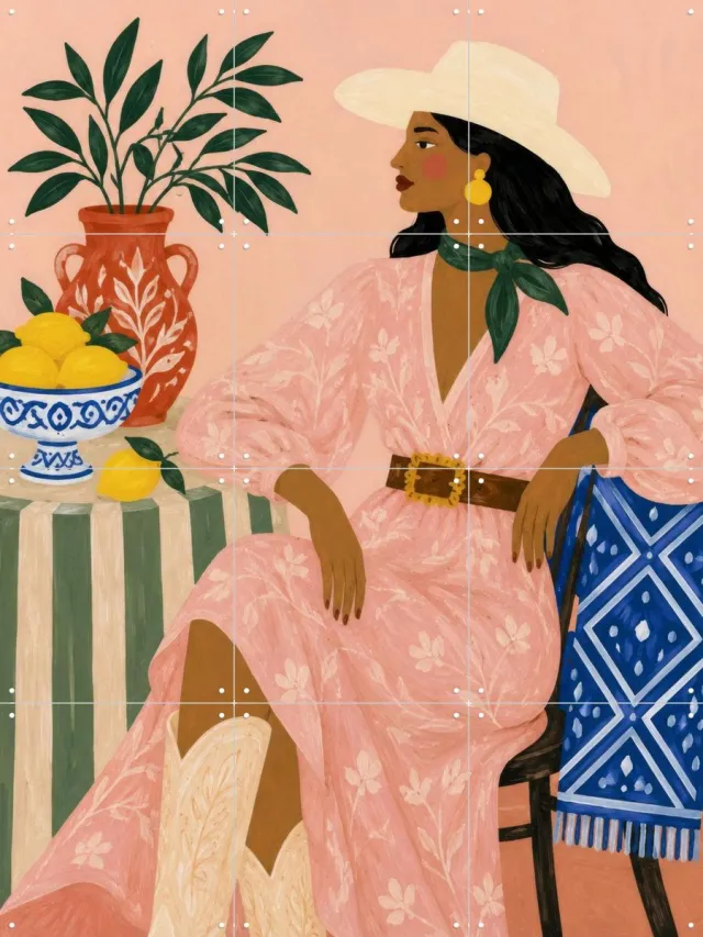 IXXI Lemon Ranch, Atelier Pommeline - 60 x 80 cm - Grote wanddecoratie en posters - Modern, Illustraties, Kleurrijk, Gang, Woonkamer, Eetkamer Roze / Beige