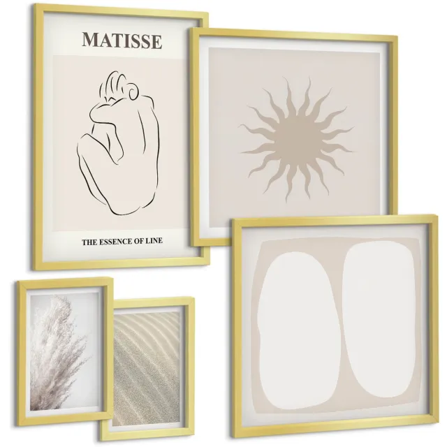 Coloray 5-Delige Schilderij Set - Minimalistische Vormen En Natuurlijke Motieven In Boho-Stijl - 50 x 50 cm, 20 x 30 cm En 40 x 60 cm - Moderne Wanddecoratie - Slaapkamer - Stijlvolle Muurdecoratie Gouden lijst