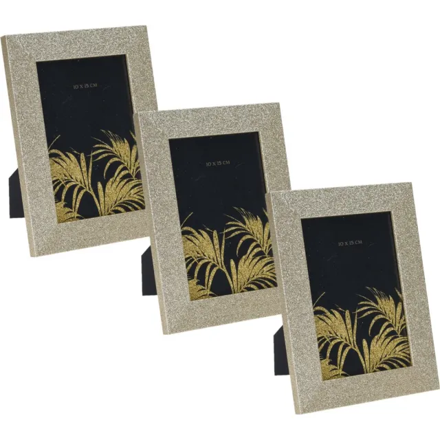 Home & Styling 3x stuks houten fotolijst met gouden glitters 14 x 19 cm geschikt voor een foto van 10 x 15 cm Goudkleurig