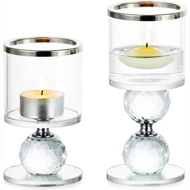 Romadedi Kristallen kandelaar, set van 2 stuks, kaarsenhouder, theelichthouder, glas voor stompkaarsen, drijvende kaarsen, theelicht, geschenk, bruiloft, woonkamer, badkamer, tafel, huisfeestdecoratie, zilver