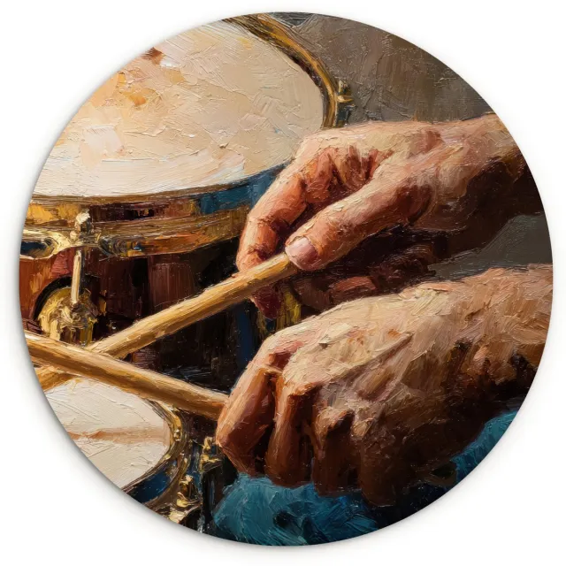 WallCircle Wandcirkel 90x90 cm - Muurcirkel Drumstokken - Olieverf - Man - Muurdecoratie woonkamer - Wanddecoratie slaapkamer - Kamer decoratie accessoires - Ronde schilderijen