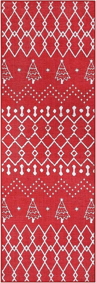 Triumpunpre Vloerkleed 60x230 cm, Rood, Scandinavisch Kerstmotief, Antislip, Zachte Chenille