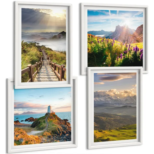 Coloray 4-Delige Schilderij Set - Berglandschappen Met Bloemen, Lucht En Pad. - 40 x 40 En 40 x 60 - Moderne Wanddecoratie - Woonkamer Witte lijst