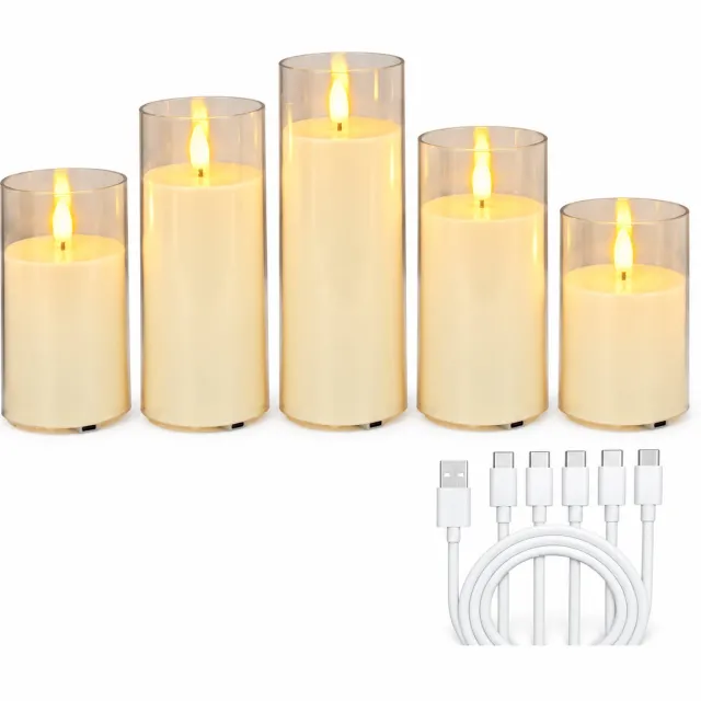 SWGOTA Elektronische kaarsen, oplaadbare set van 5, diameter 7,5 cm, hoogtes 10/12,5/15/17,5/20 cm, transparante cilindrische kap en warm vlamlicht