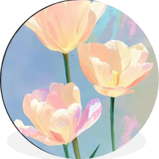 WallCircle Wandcirkel - Muurcirkel - Tulpen - Roze accenten - Blauw - Aluminium - Dibond - 90x90 cm - Binnen en Buiten