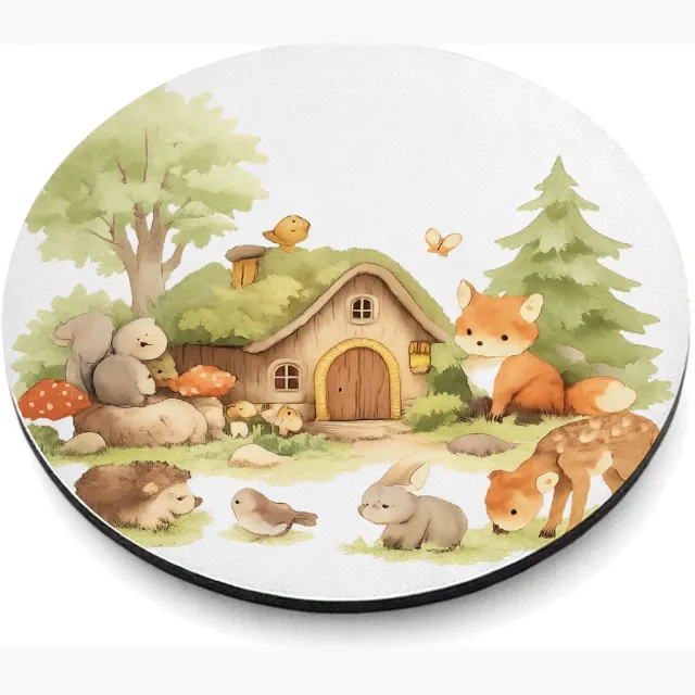 Mr Cadeautjes MDF magnetische fotolijst rond Ø 9,5 - design Een bosrijk ochtendtafereel met schattige dieren rond een ho | cadeau Wit