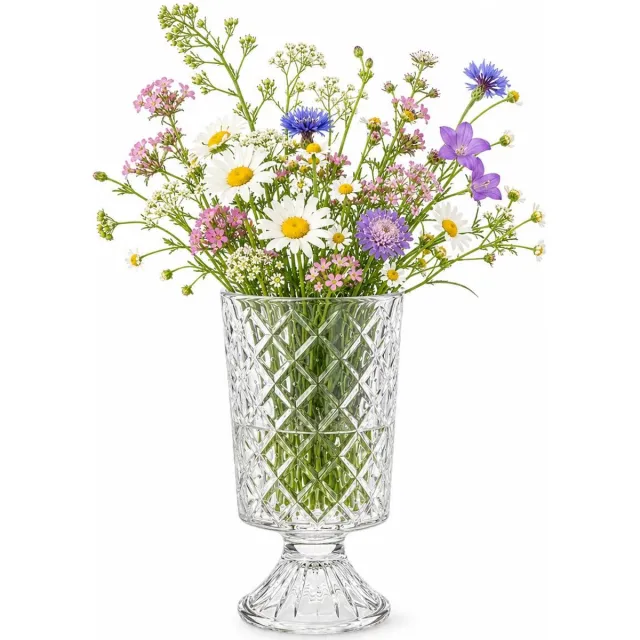 Alessandro bloemenvaas Samuray - transparant bewerkt glas - H23 cm - cilinder vorm - op voet