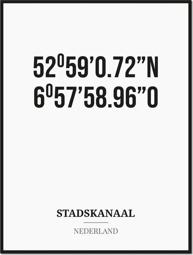 Studio216 Poster/kaart STADSKANAAL met coördinaten zwart, wit
