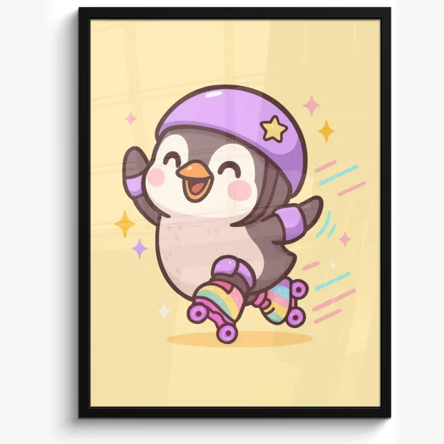 FrameYourWall Poster in lijst - Fotolijst 60x80 cm - Posters - Pinguïn - Rolschaatsen - Geel - Energiek - Posterlijst zwart - Decoratie - Wanddecoratie woonkamer - Muurdecoratie slaapkamer