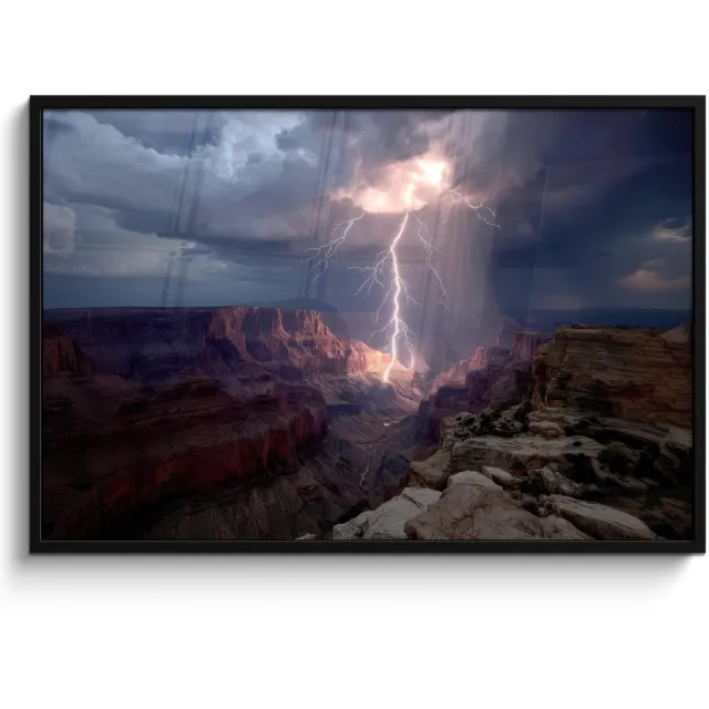 FrameYourWall Poster in lijst - Fotolijst 120x80 cm - Posters - Bliksem - Wolken - Canyon - Posterlijst zwart - Decoratie - Wanddecoratie woonkamer - Muurdecoratie slaapkamer Bliksem - Wolken - Rotsen