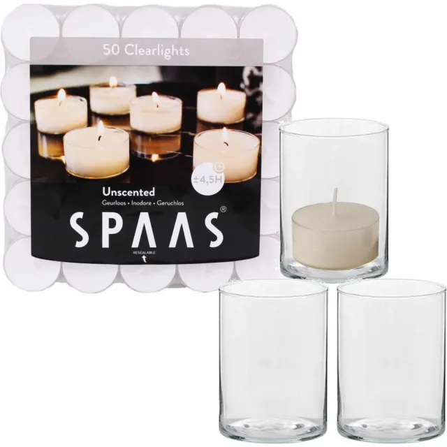 Trend Candles 5x stuks hoge theelichthouder/waxinelichthouder van glas 5,5 x 6,5 cm met 50x stuks waxinelichtjes transparant