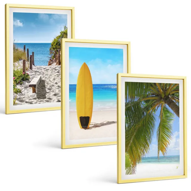 TULUP 4-Delige Schilderij Set - Vakantiegezichten, strandgolven en palmbomen in de tropen - 40 x 60 cm - Muurdecoratie - Wanddecoratie - Hal Gouden lijst